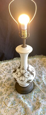 Vintage Milk Glass Table Lamp with Metal Flowers Leaves Brass Base
