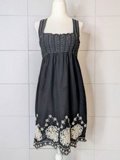 Vtg Y2K Cotton Babydoll Dress Cream Floral Embroidery Smocked Bust Lined Sz S