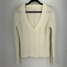 Vintage 90s Coquette Academia Cable Open Knit V-Neck Sweater Cream Womens Medium