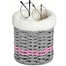 Glasses Holder for Nightstand,2 in 1 Plush Lined Paper Rope Eyeglass Grey/Pink