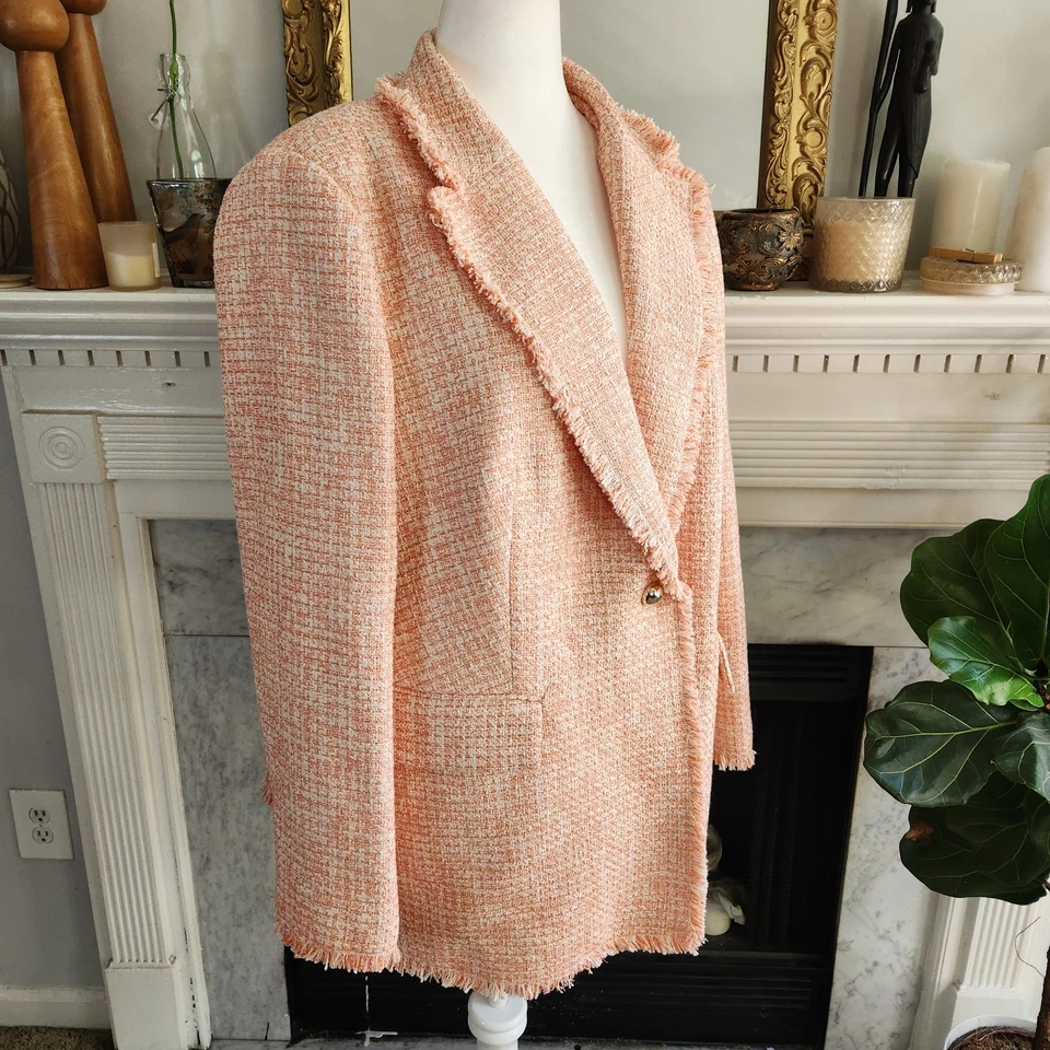 Blazer Mango Melocotón Rosa Tweed Flecos MNG Corpcore Light Academia Talla Grande 3XL Foto 3 de 4