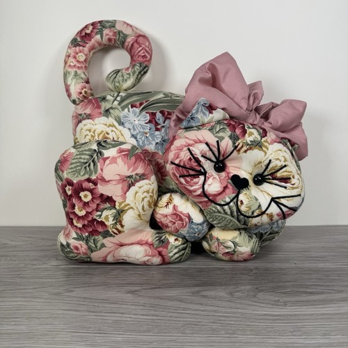 VTG Hand Made Sewn Fabric Cat Pink Floral Cottage Core Country Plush Cat Lover's