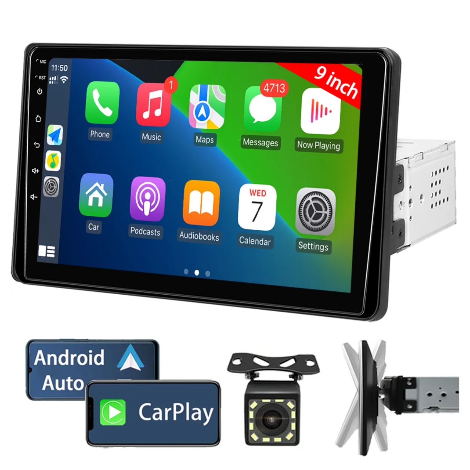 Autoradio 1 Din avec Écran Tactile 9 Pouces, Apple CarPlay, Android Auto et Bluetooth