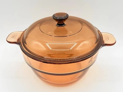 Vintage Vision Corning Amber 2L Glass Casserole w/ Pyrex Lid Made In France READ