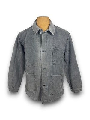 RARE Vintage 1950s Black Moleskin French Workwear Chore Coat Faded Black Men's L