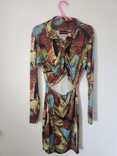 PRETTYLITTLETHING Women's Multicolour Dress W Belly Cut Out Long Sleeves Size 8