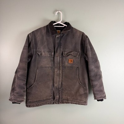 VTG Carhartt Jacket Mens Large Black Faded Canvas Quilted C26 BLK Mt. Abram ME
