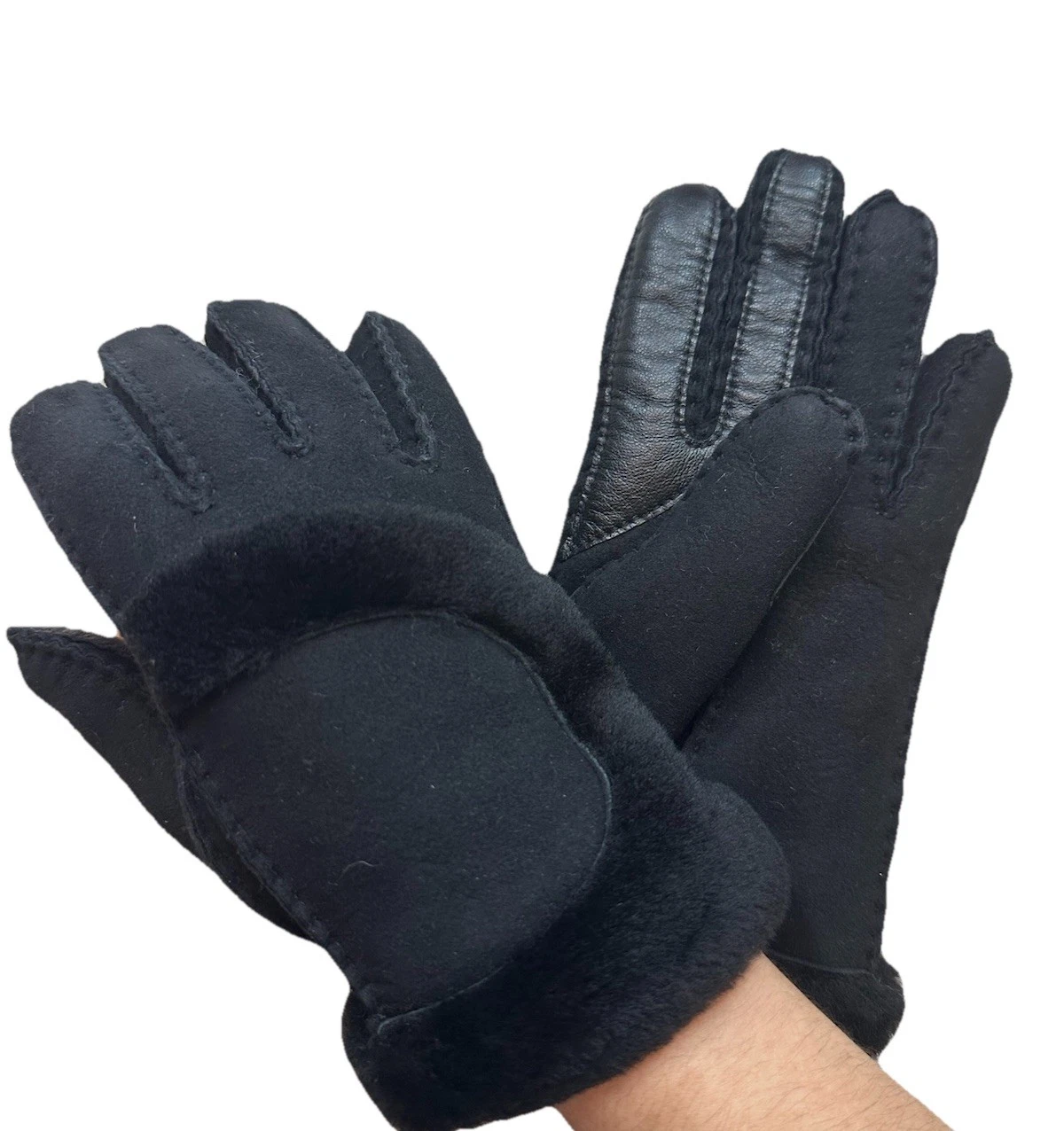 UGG Sheepskin Exposed Seam Gloves Black Size Medium NWT