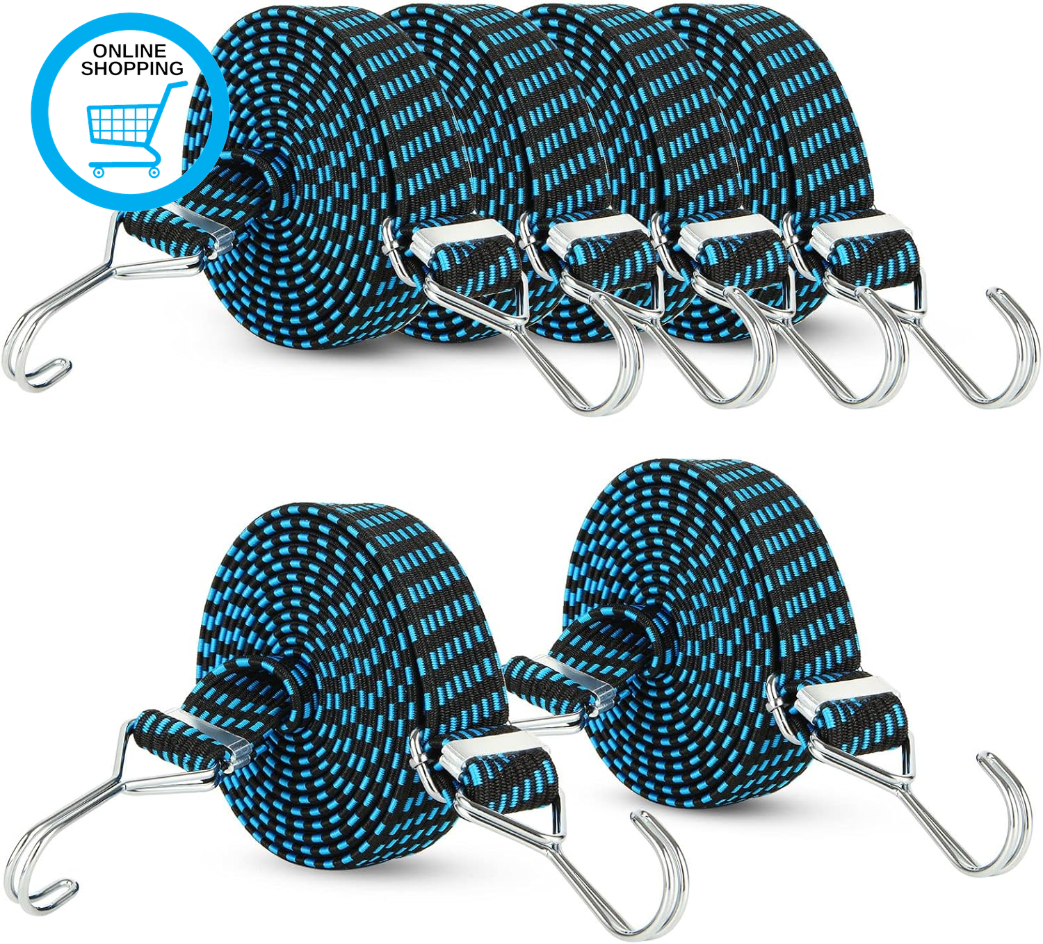 6 Pack 3M Bungee Cords with Hooks, Elastic Bungee Straps with Metal Buckle, Blue