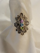 Beautiful Vintage 925 STERLING SILVER FILIGREE MULTI GEMSTONE RING SIZE 8