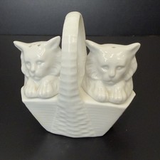 Vintage White Porcelain Cat Salt/Pepper Shakers in Basket Set Chamart France