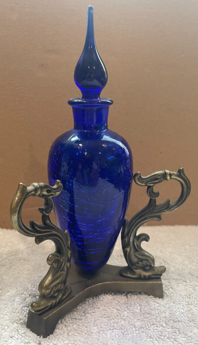 VINTAGE COBALT BLUE CRACKED GLASS PERFUME BOTTLE WITH ART NOUVEAU METAL STAND - Picture 5 of 11