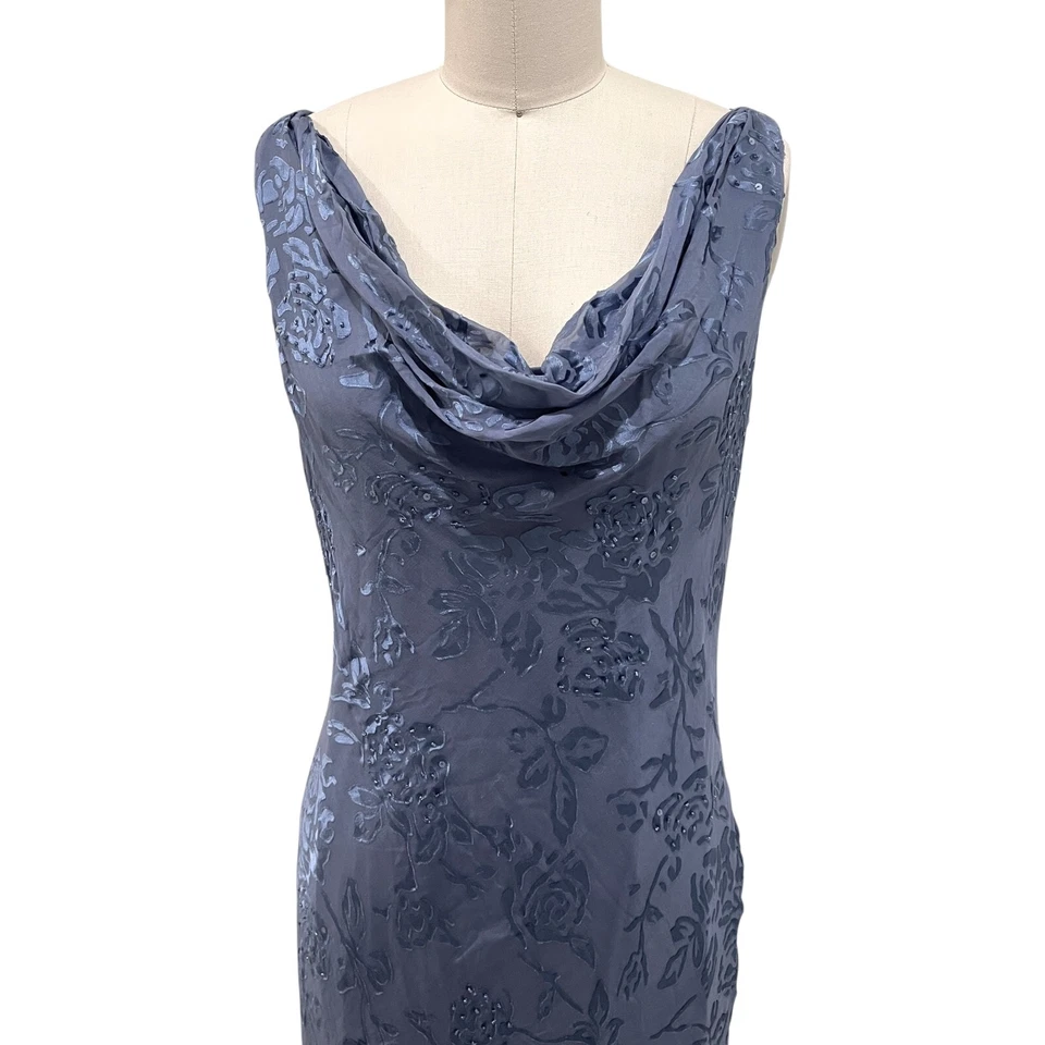 Винтажный Alex вечернее Y2K 90-х Bias вырез шелковая смесь бисером синий длинное платье размер 12 - Изображение 4 из 4