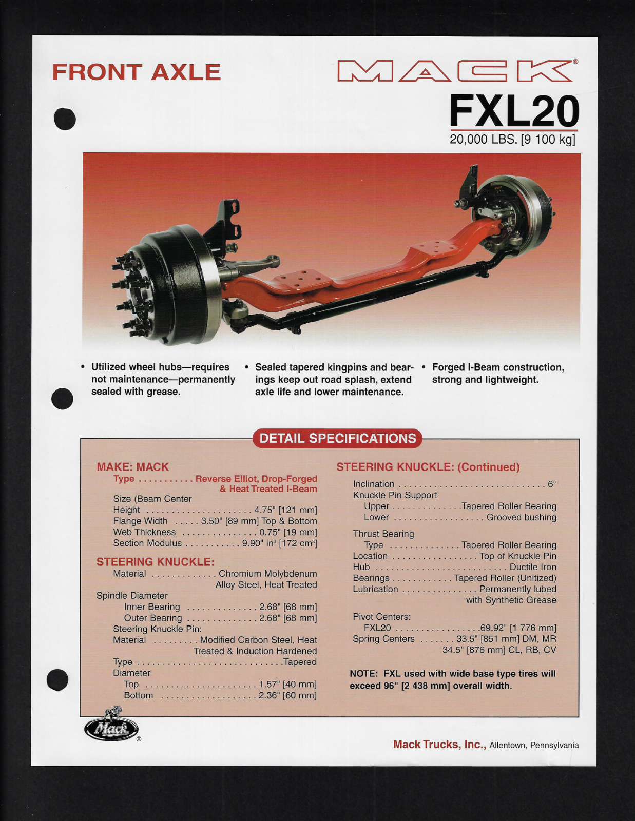 MACK TRUCKS FRONT AXLE FXL20 SPECIFICATIONS BROCHURE 2003