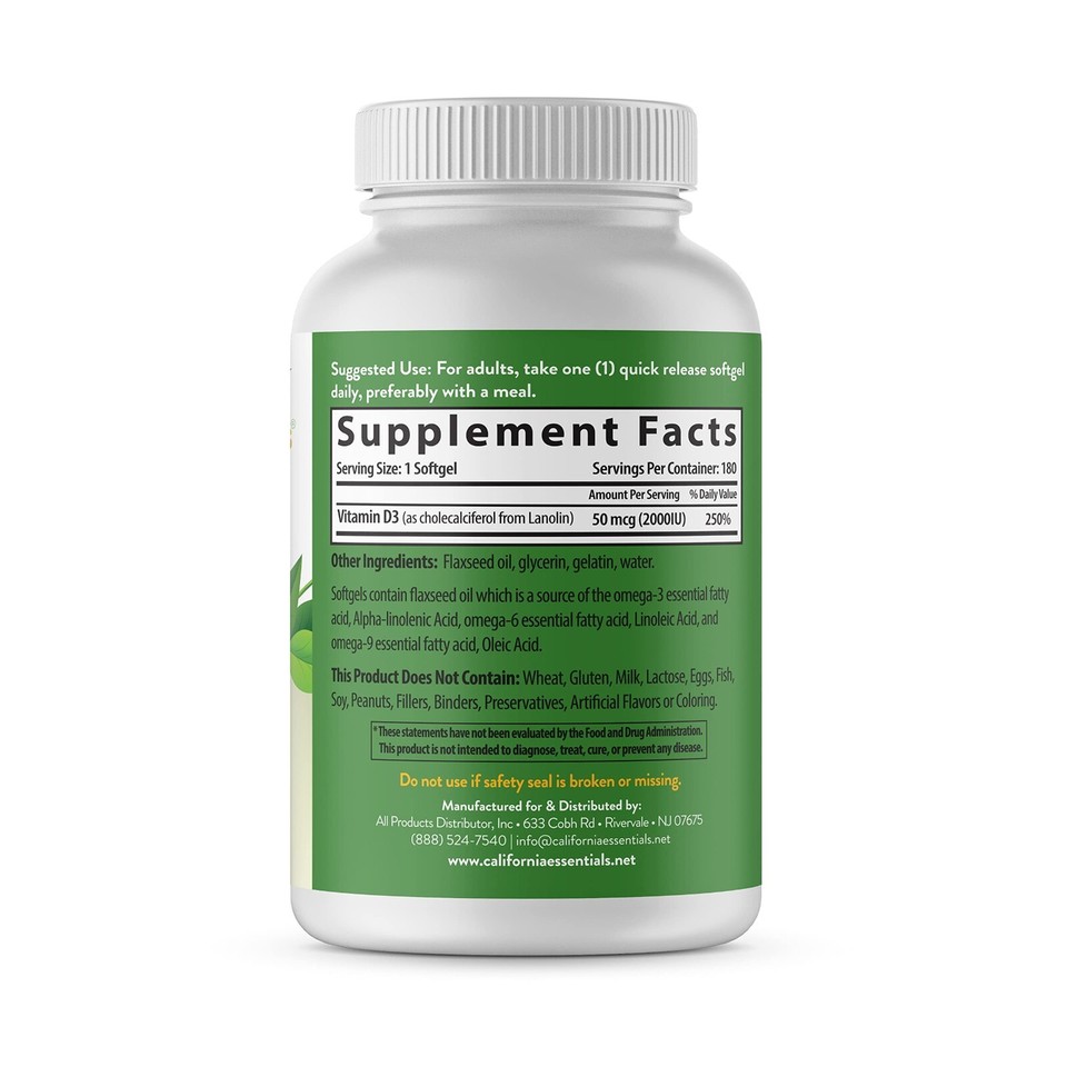 Vitamin D3 2000iu (50mcg) Enhanced with Flaxseed Oil (180 Softgel) eBay