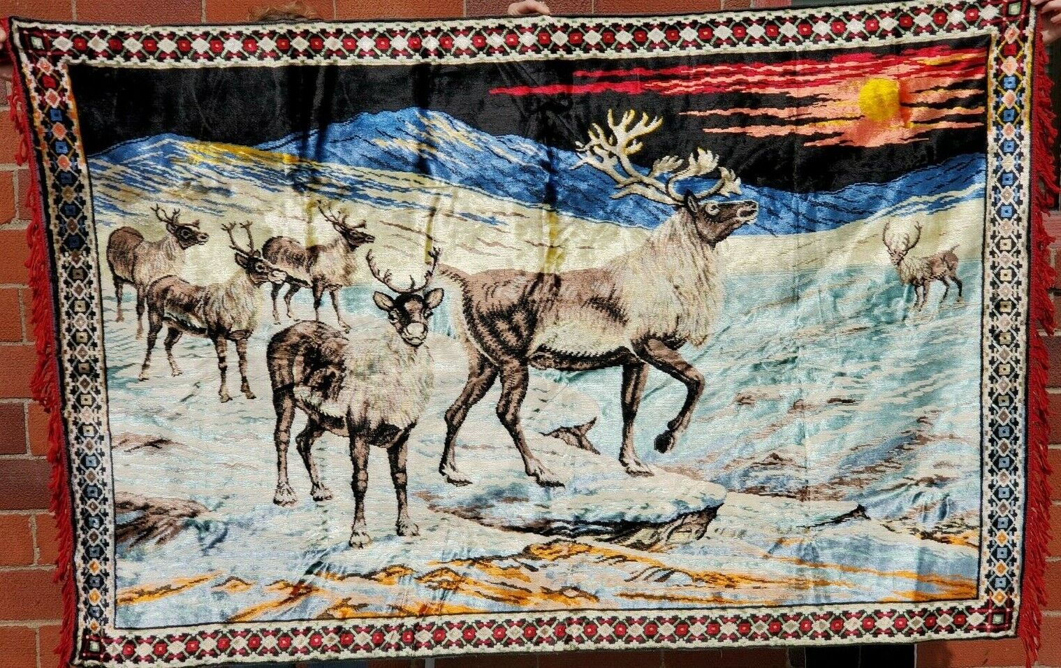 VTG 70's Elk Water Scene Velvet Velveteen Fringe Tapestry Wall Hanging 70 x 46