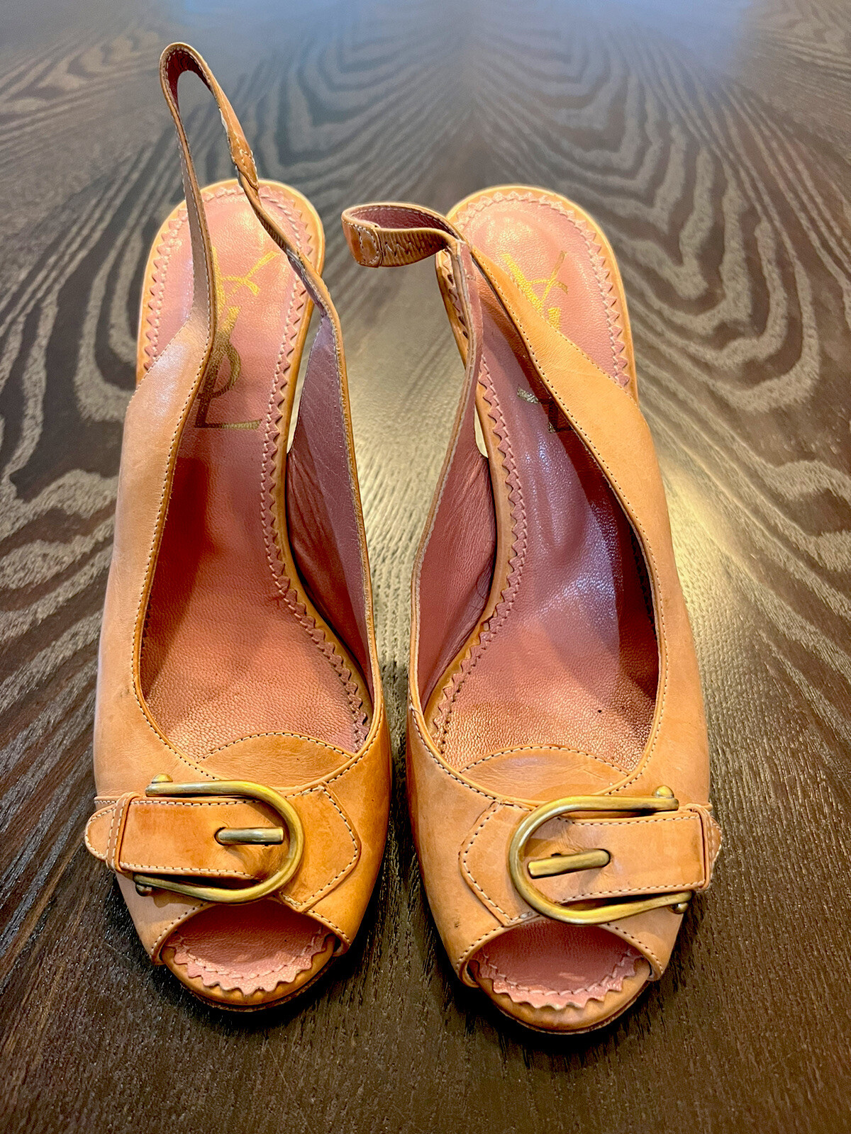 Autentici tacchi vintage YSL Saint Laurent in pelle marrone marrone chiaro punta aperta taglia 37