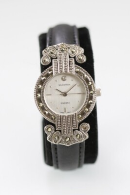 Majestron Watch Women Silver Stainless Steel WR Black Leather Batt White Quartz