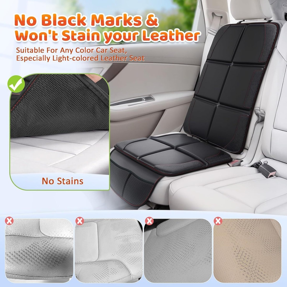Car Seat Protector Mat For Under Child Car Seat - Thick Padding, Waterproof, Non-Slip, With Mesh Pockets, Fits Most Cars