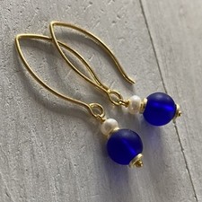 Min Favorit Cobalt Blue Sea Glass Bead, Pearl  Gold Pl Artisan Drop Earrings