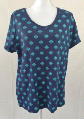 Falls Creek Womens Top 1X Short Sleeve V Neck Blue T Shirt Cotton Geometric