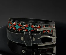 Genuine Leather Beaded Western Men Belt Hand Made Embossed With Removable Buckle