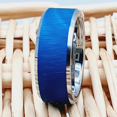Silver Tungsten Wedding Ring Blue Tungsten Groom Ring For Men Reflective Finish