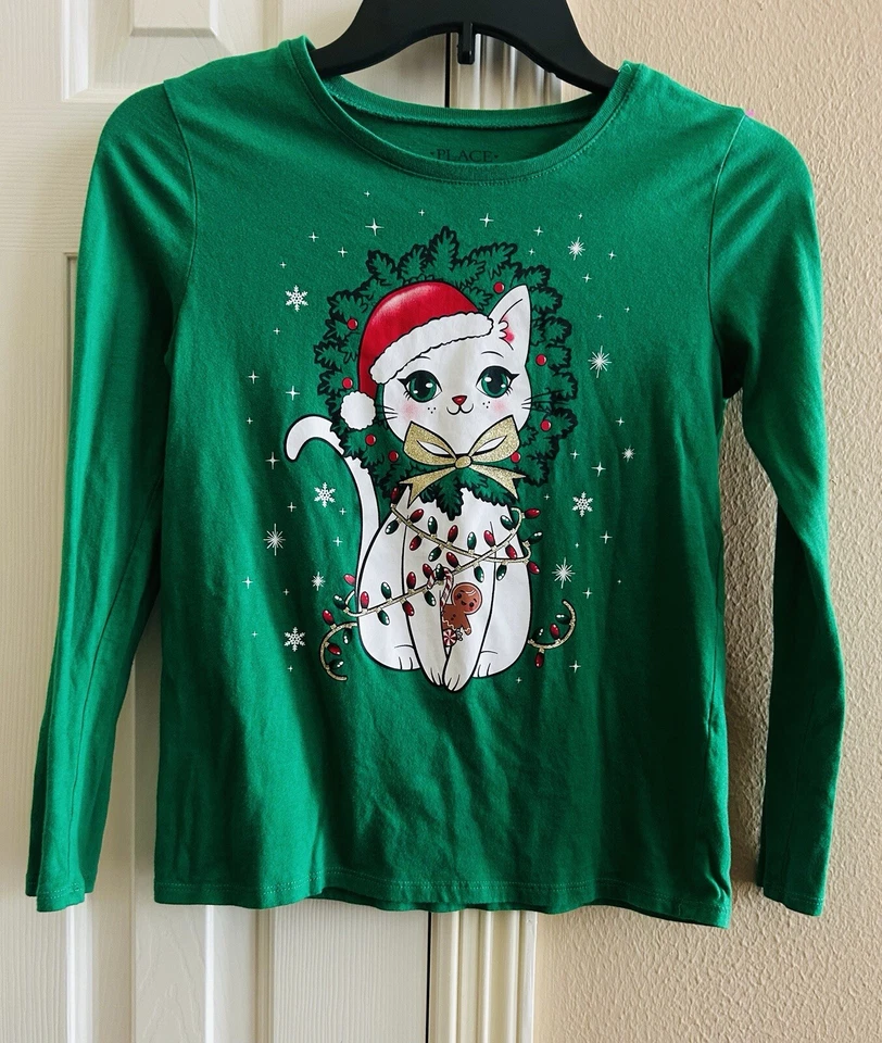 Children’s Place Girls Toddler Kitten Christmas  Green T Shirt Size L/G 10/12 Foto 2 de 4
