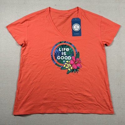 Life is Good Shirt Womens L Sleep Tropical Hibiscus Relax Coral Orange Lounge