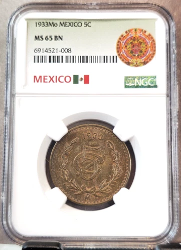 1933 MEXICO 5 CENTAVOS NGC MS 65 BN RARE BEAUTIFUL GEM TOP POP