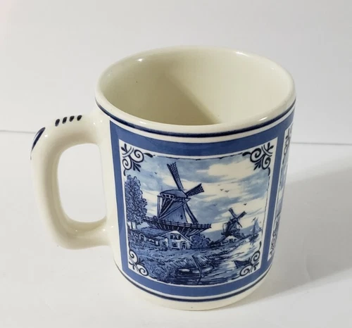 Delfts Blue Mug Hand Painted Holland Windmill Sailboat Blue White