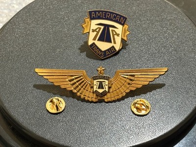 Vintage American Trans Air ''ATA'' Enameled Officer Pilot Wings + Hat Badge