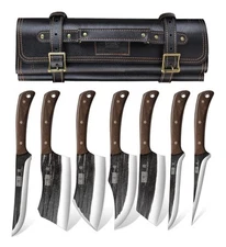 Hand Forged Butcher Chef Set - Roll Bag Meat Cleaver Bone Chopper Fillet Knives