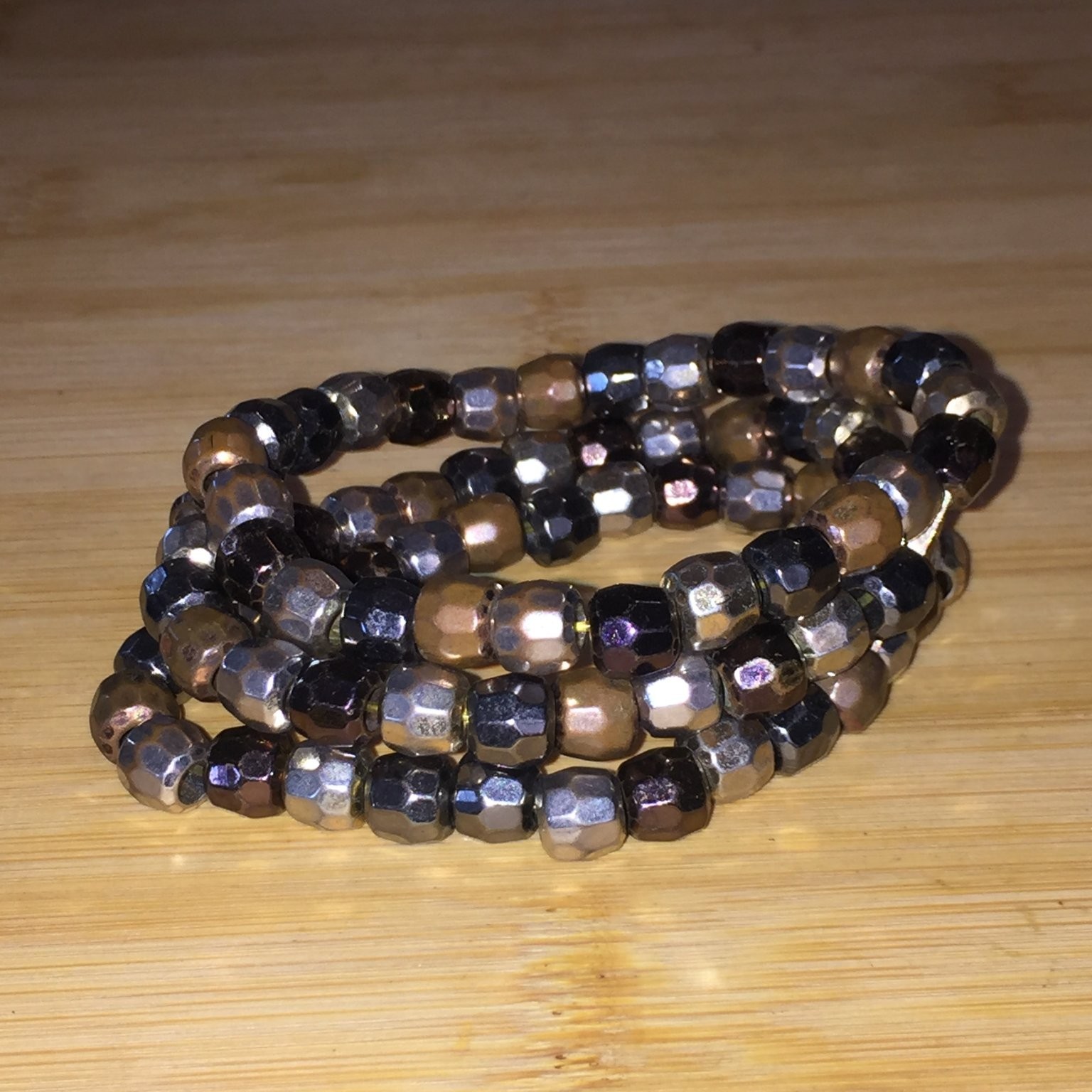 Boho Multi-Strand Coil Wrap Bracelet Faceted Acrylic Beads Iridescent Metallic