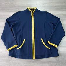 Bob Mackie Wearable Art Jacket Womens Large Navy Yellow Full Zip Contrast Trim