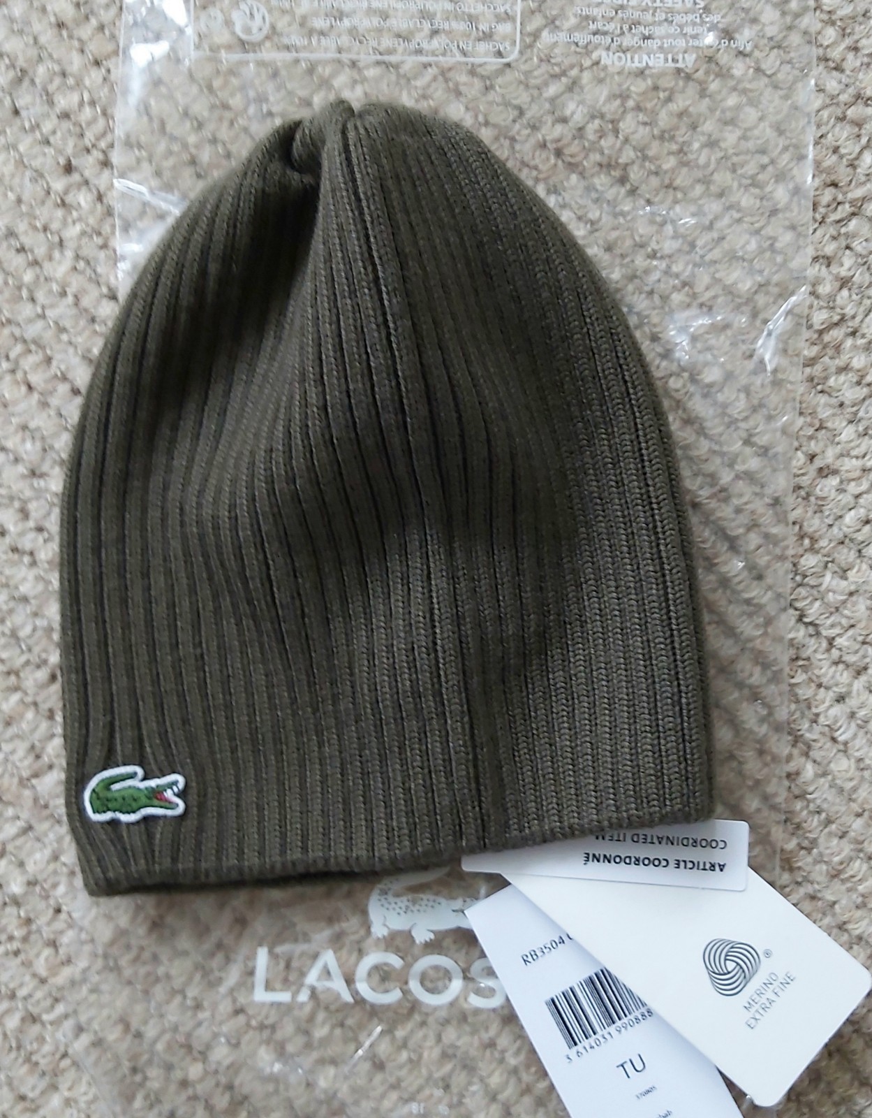 Genuine LACOSTE Military Green Baobab MERINO WOOL BEANIE Hat RB3504 Unisex Lac4