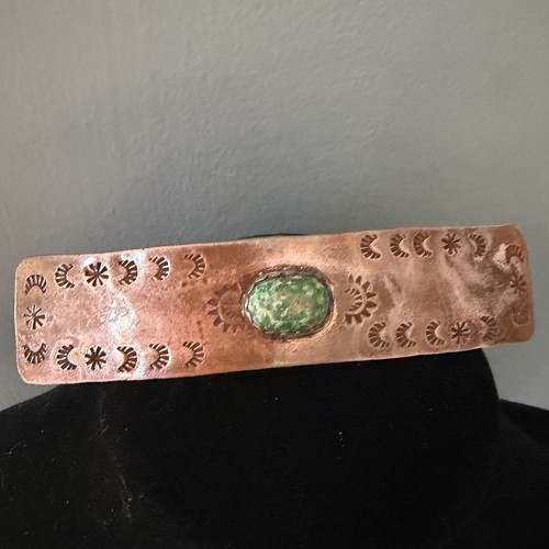 Copper Barrette Turquoise Native American Hair Clip Signed Long Soldier