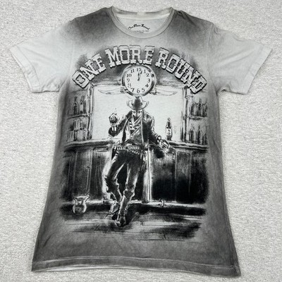 One More Round Mens Small Graphic T-Shirt Cowboy Saloon Grey Ombre Made in USA