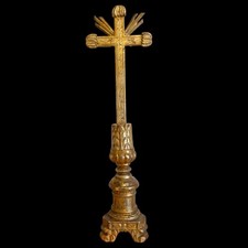 Antica Croce da Altare Barocca 1790 – Doratura Originale, Raggiera, Retro Giallo