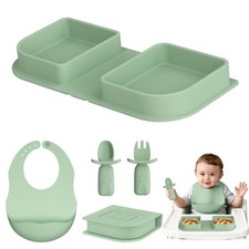 Green Foldable Silicone Baby Feeding Set Portable Plate Spoon Fork Bib Utensil
