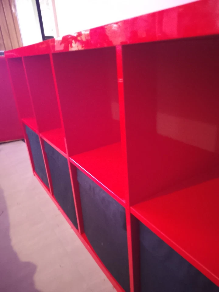 IKEA KALLAX Shelving Unit (Glossy Red) + 4 Black Boxes — 1470mm (L) x 400mm (D)  - image 3 of 4