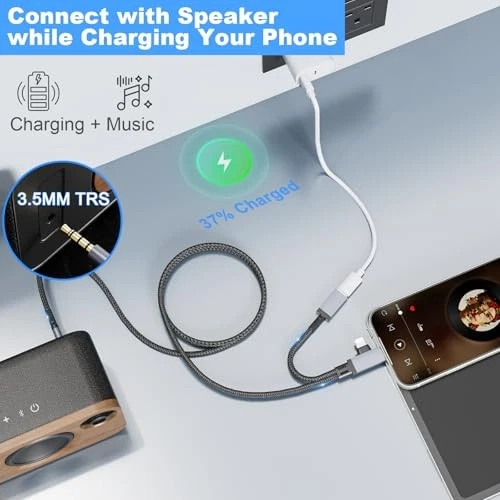 Cabo de áudio auxiliar USB C Lightning para 3,5 mm, cabo auxiliar Lightning 2 em 1 com - Imagem 3 de 4