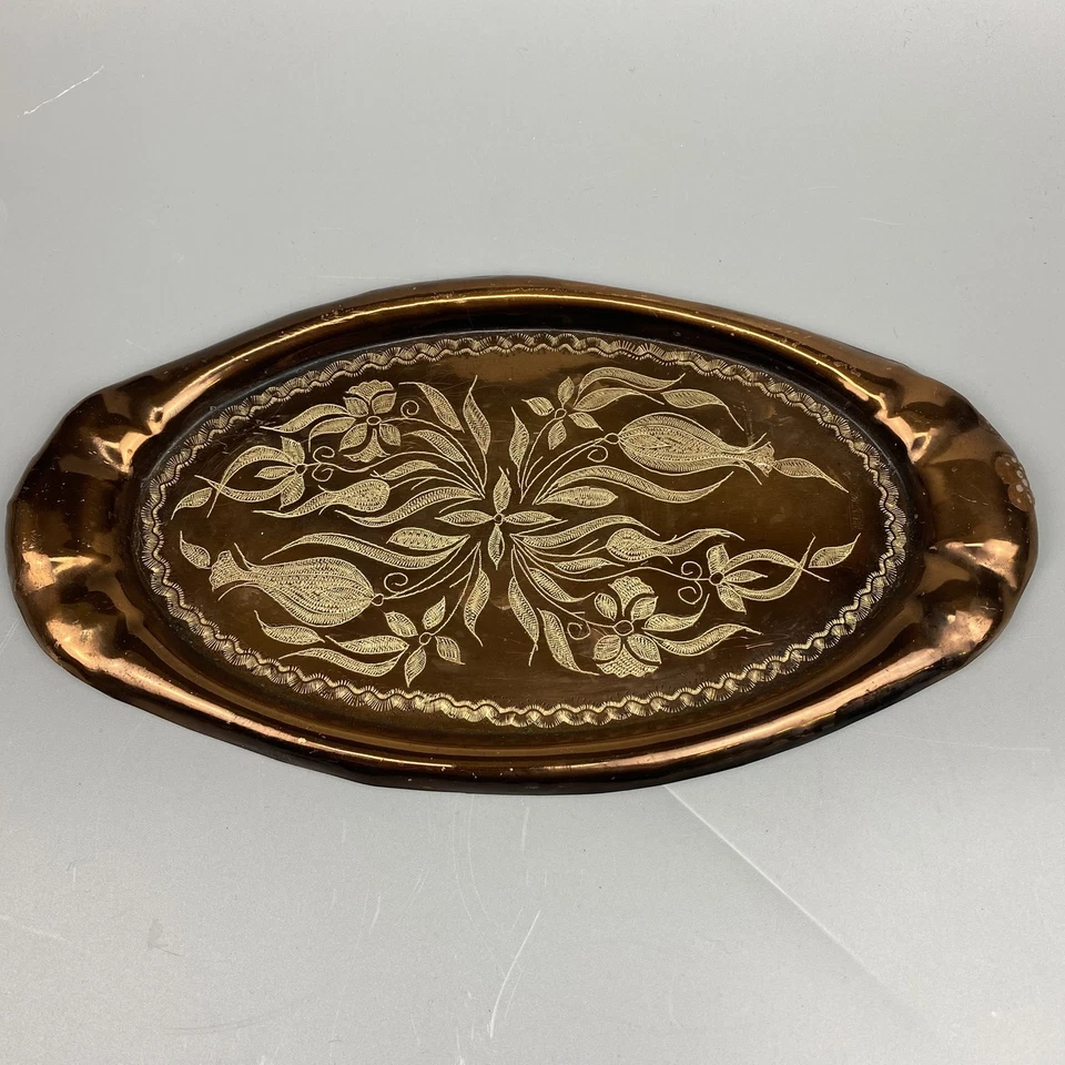 Vintage Kupfertablett Oval Handgraviert Orient Tulpenmotiv Deko Tablett Kupfer - Bild 2 von 3