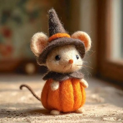 Handmade Felt Mouse with Pumpkin   Cute Wool Felt Animal Figurine