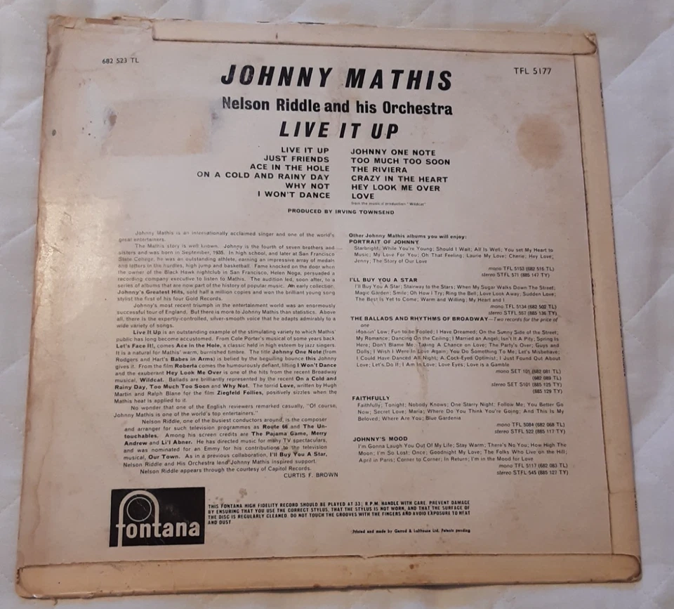 Johnny Mathis, Nelson Riddle And His Orchestra - Live It Up! (LP) 1961 - Image 2 of 4
