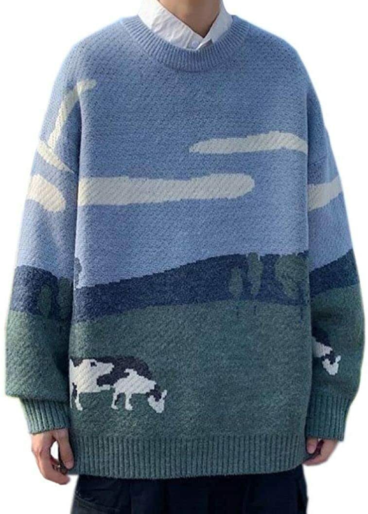 Vamtac Mens Grassland Cow Vintage Oversize Knitted Sweater Long Sleeve  Round Nec | eBay