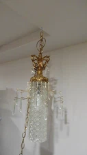Vintage HOLLYWOOD REGENCY Chunky Glass Hanging Swag Light with Hanging Crystal 