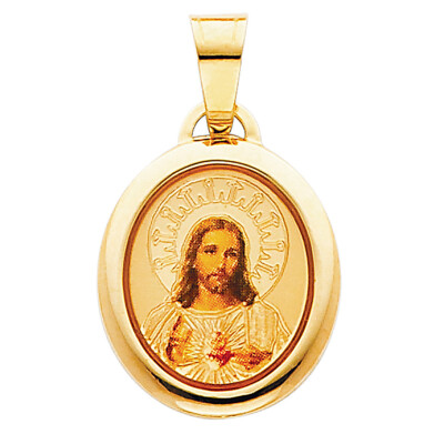 14K Gelbgold Jesus Herz Emaille Bild Religiös Anhänger