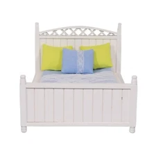 Dollhouse queen bed set, white, 4pc bedding, miniature furniture, 1:12, 6" dolls