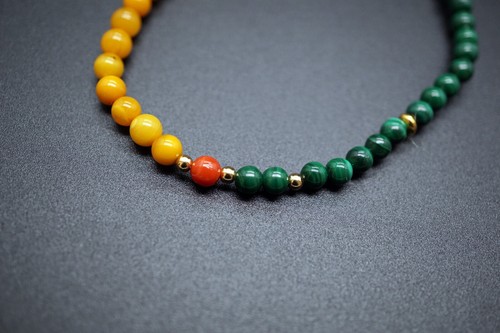 Genuine Malachite and Amber Coral Beaded Bracelet 4MM Tiny Charm Bracelet - Picture 4 of 9